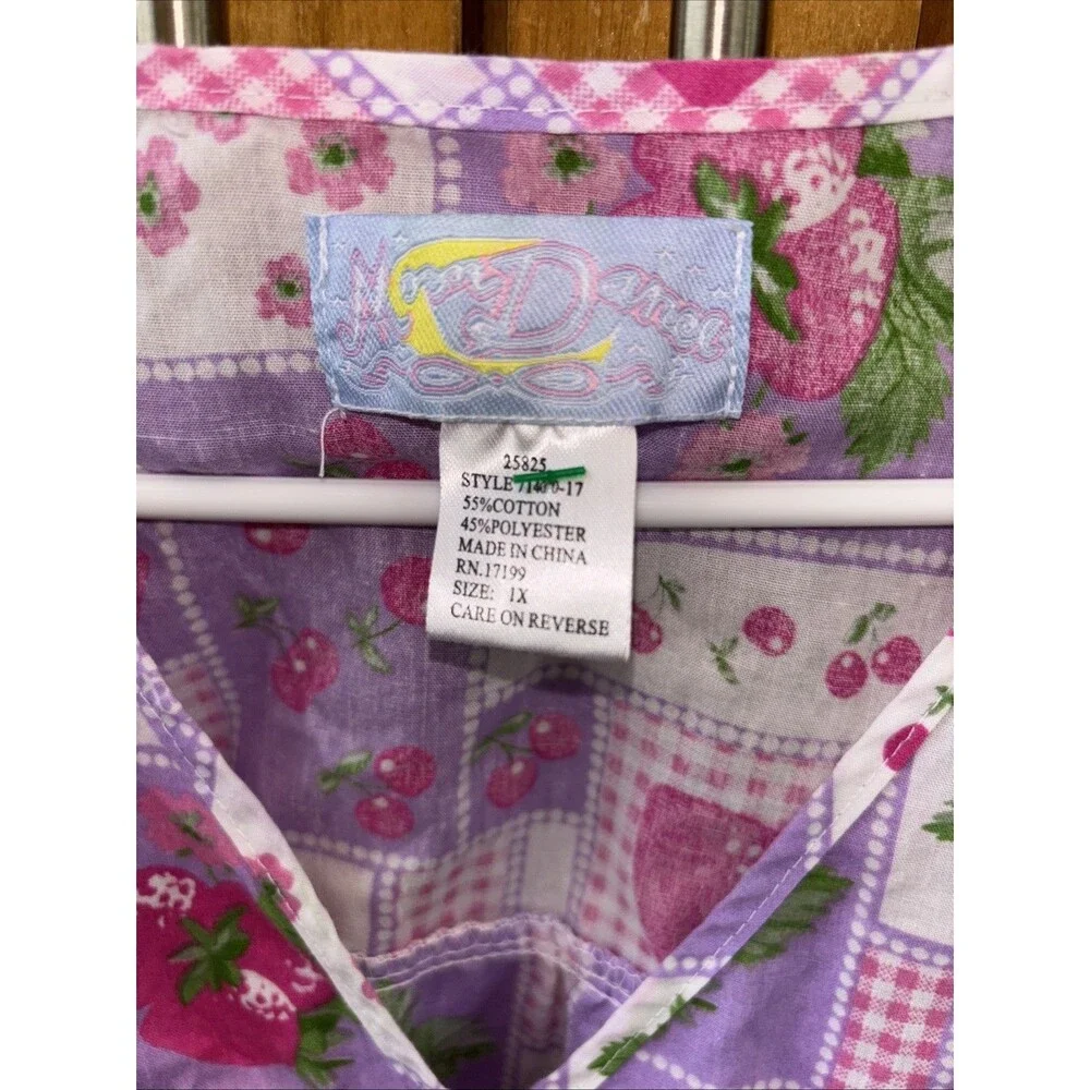 Vintage Apron Shirt 60's 70's Strawberry Fabric Smock Top Snap Front Pocket 1X